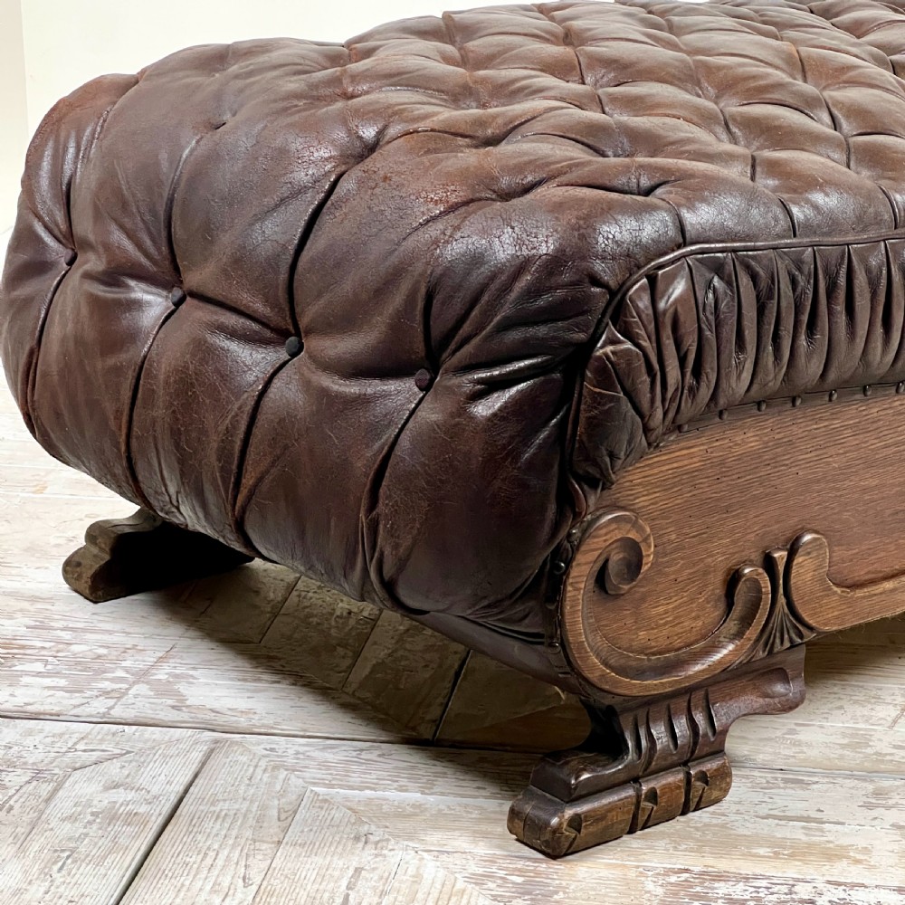 Large French C19th Antique Tufted Brown Leather Chaise Longue View VII