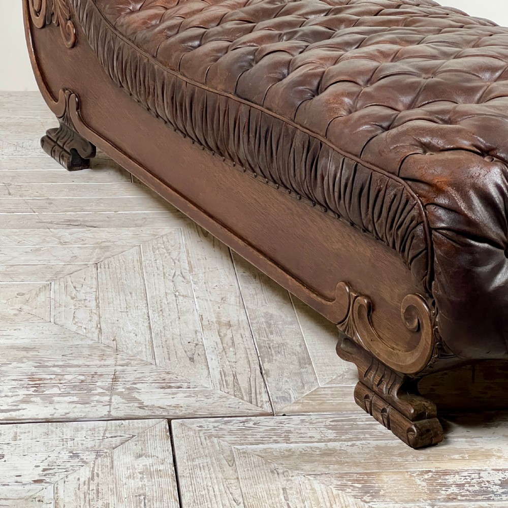 Large French C19th Antique Tufted Brown Leather Chaise Longue View VIII
