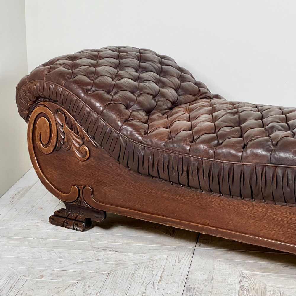 Large French C19th Antique Tufted Brown Leather Chaise Longue View IX