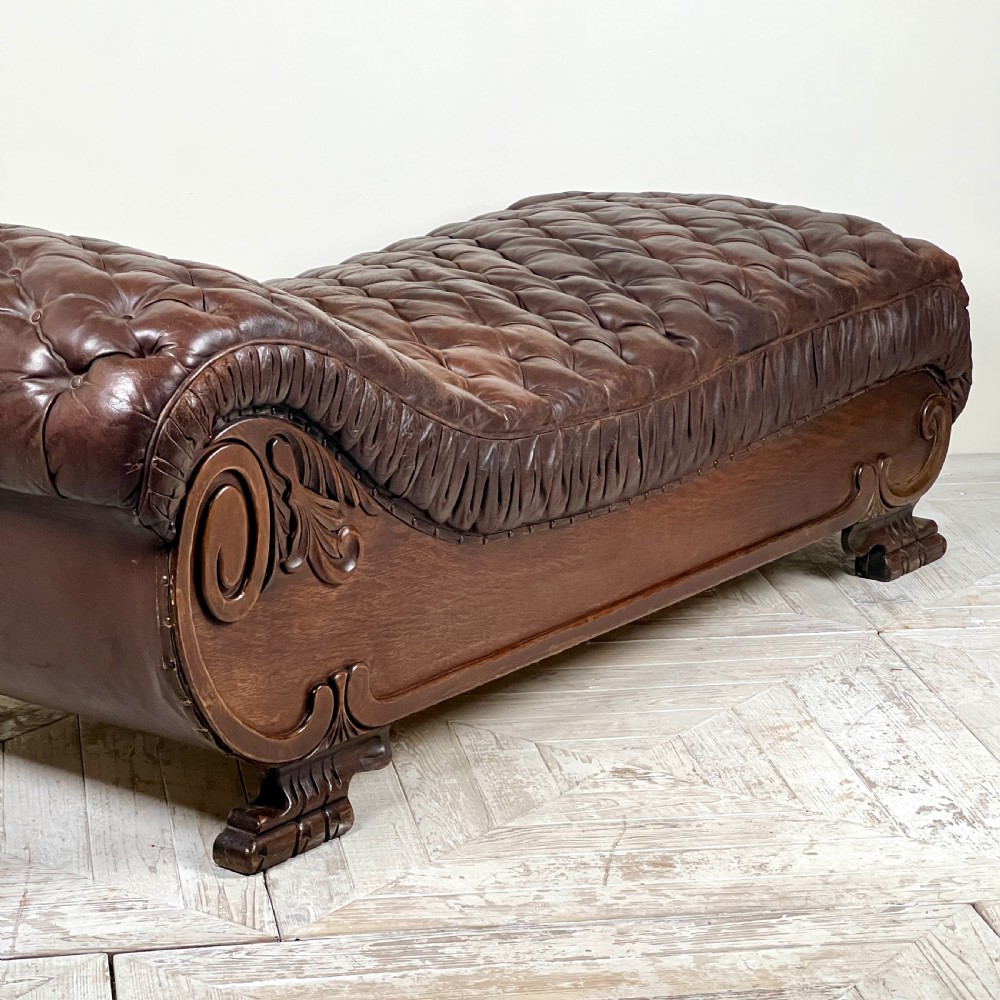 Large French C19th Antique Tufted Brown Leather Chaise Longue View X