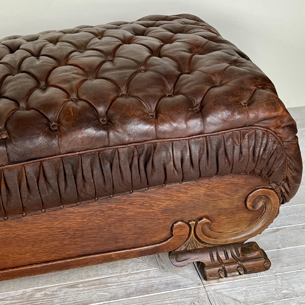 Large French C19th Antique Tufted Brown Leather Chaise Longue View XI