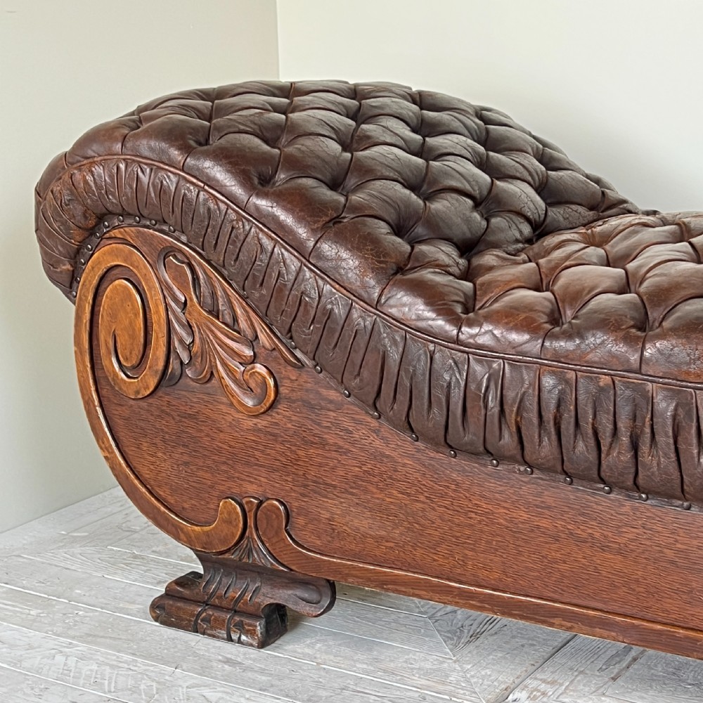 Large French C19th Antique Tufted Brown Leather Chaise Longue View XII