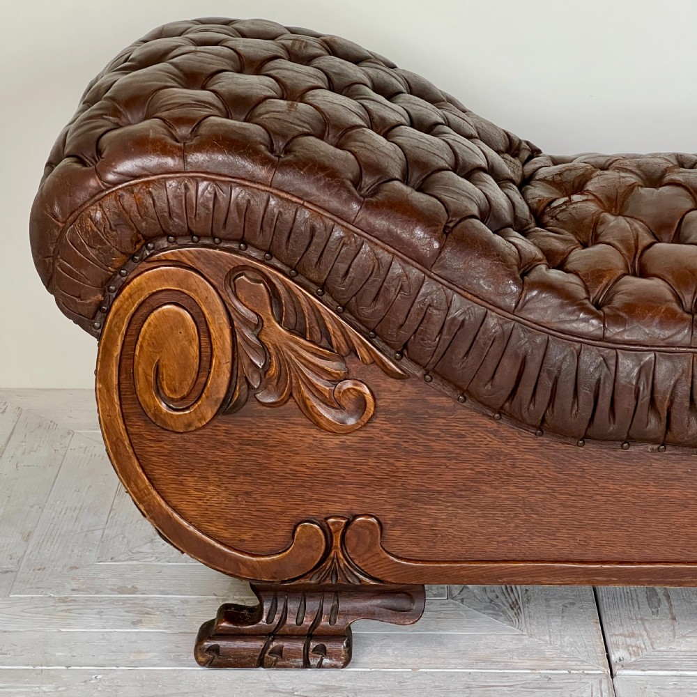 Large French C19th Antique Tufted Brown Leather Chaise Longue View XIII