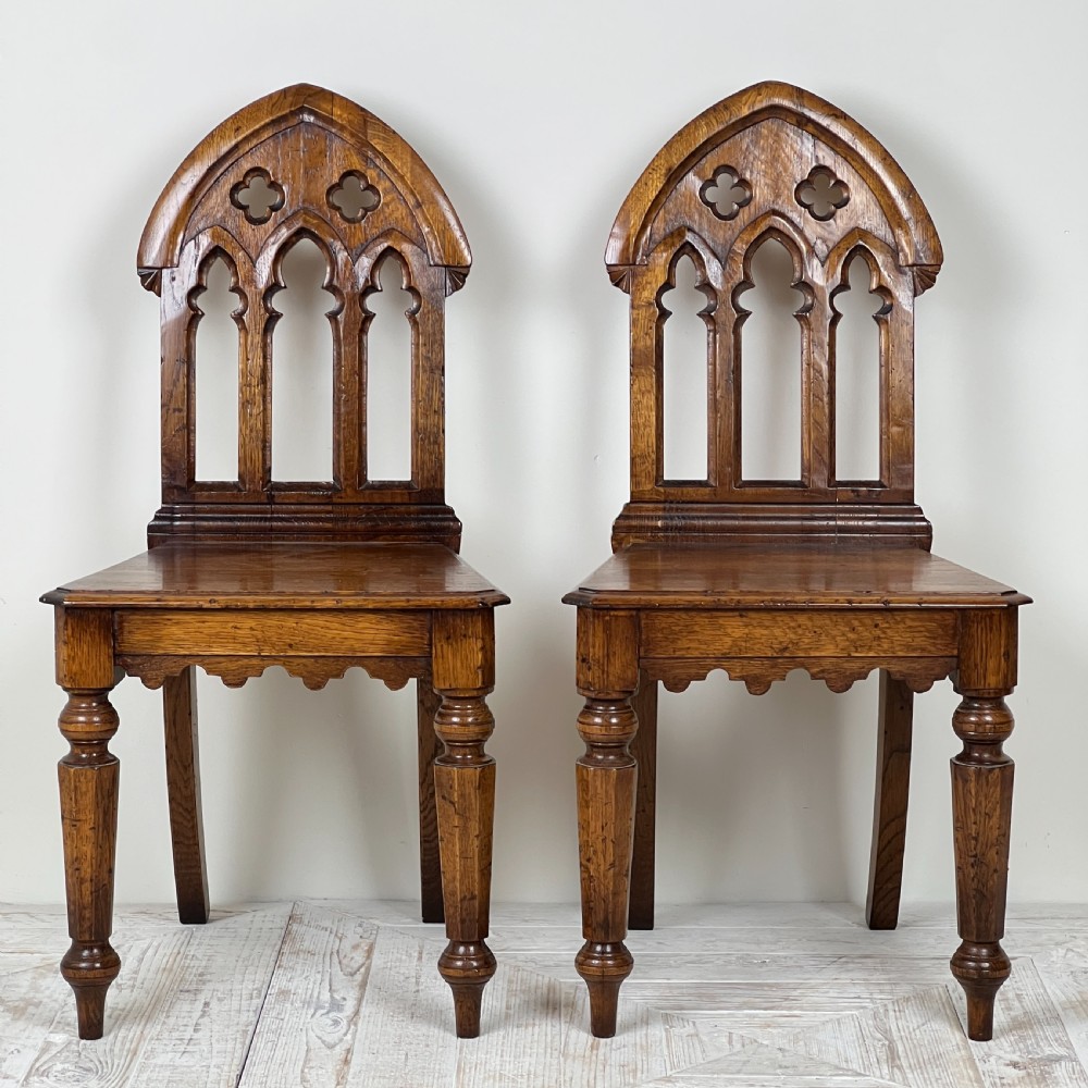 A Pair Of Gothic Oak Side Or Hall Chairs View II