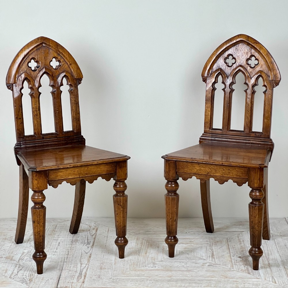 A Pair Of Gothic Oak Side Or Hall Chairs View VII