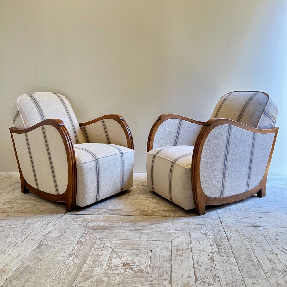 A Pair Of French Art Deco Linen Upholstered Armchairs 