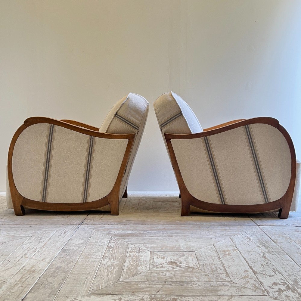 A Pair Of French Art Deco Linen Upholstered Armchairs  View II