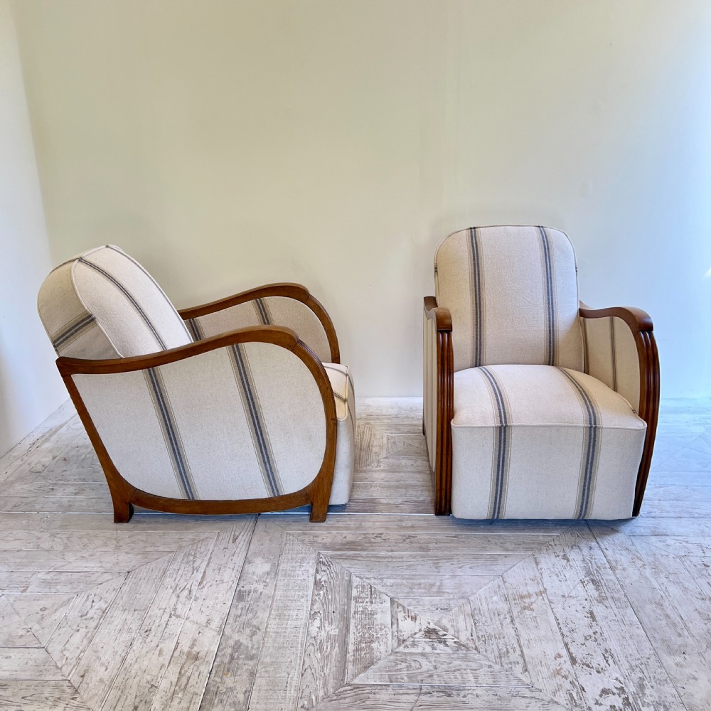 A Pair Of French Art Deco Linen Upholstered Armchairs  View VII
