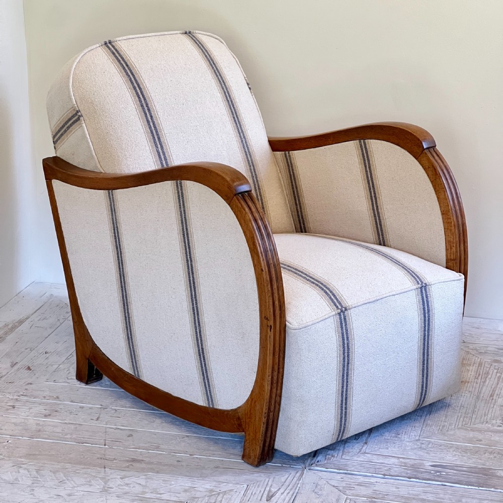 A Pair Of French Art Deco Linen Upholstered Armchairs  View VIII