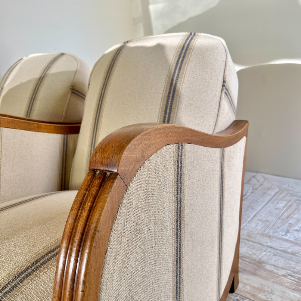 A Pair Of French Art Deco Linen Upholstered Armchairs  View X