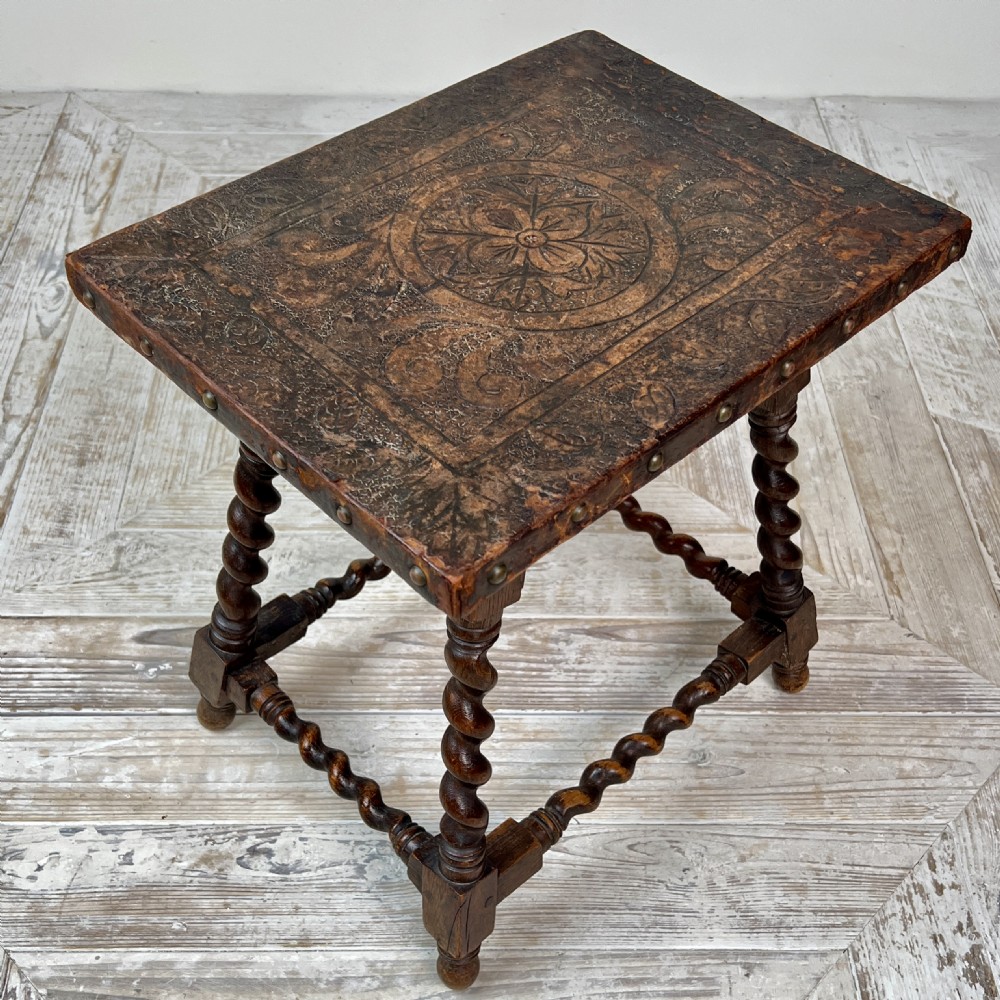 An Embossed Leather And Oak Barely Twist Side Or Occasional Table View IV