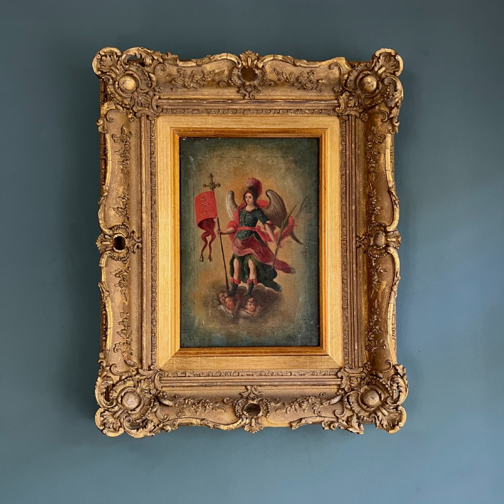 Antique C18th Oil Painting Of  Archangel Michael In Gilt Frame