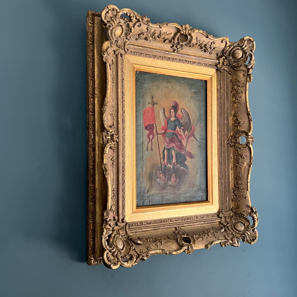 Antique C18th Oil Painting Of  Archangel Michael In Gilt Frame View II