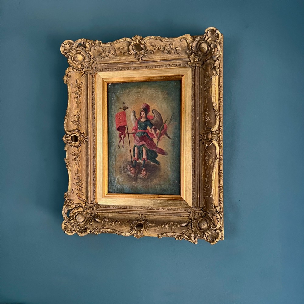 Antique C18th Oil Painting Of  Archangel Michael In Gilt Frame View III