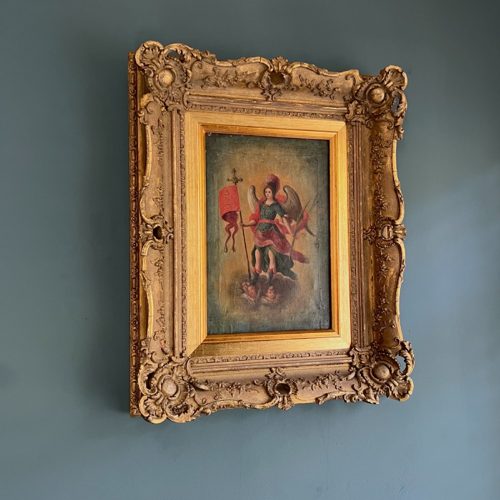 Antique C18th Oil Painting Of  Archangel Michael In Gilt Frame View IV