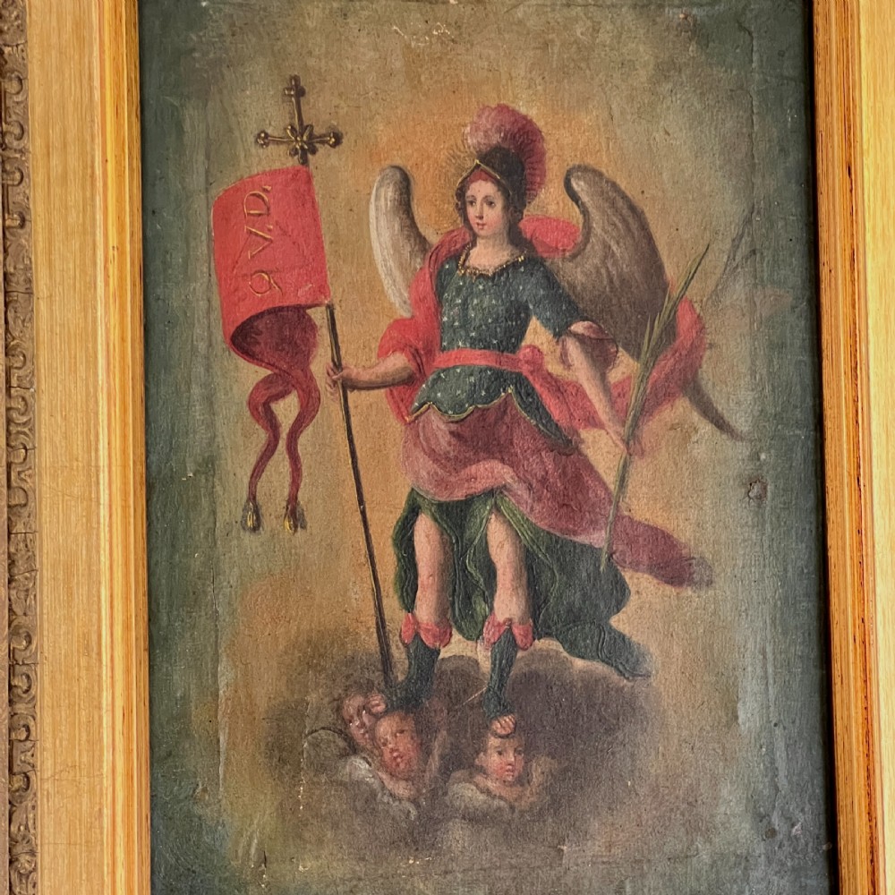 Antique C18th Oil Painting Of  Archangel Michael In Gilt Frame View V