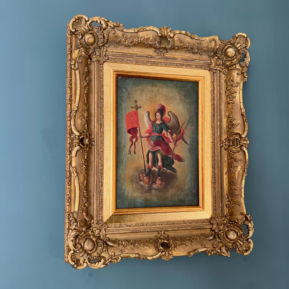 Antique C18th Oil Painting Of  Archangel Michael In Gilt Frame View VI