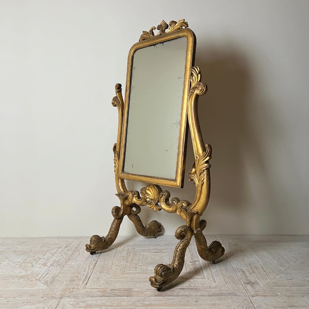 Antique Venetian Cheval Mirror With Carved Giltwood Frame