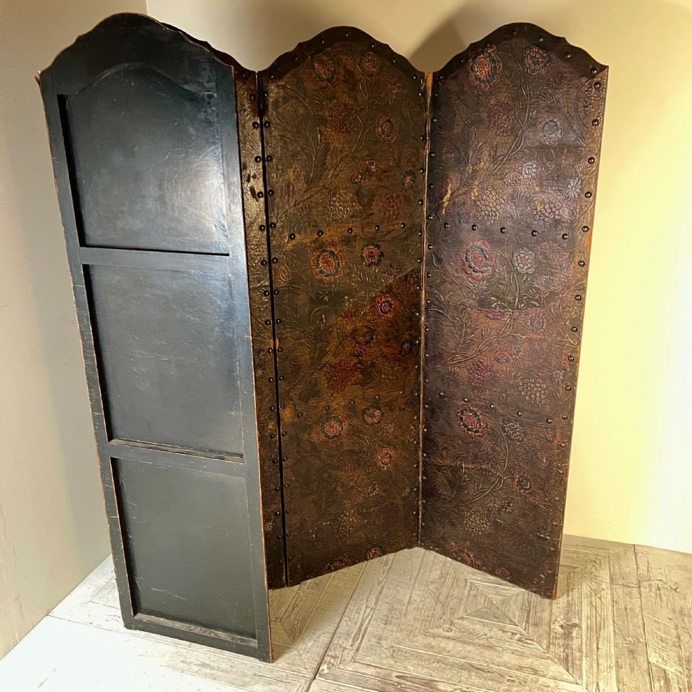Antique Painted & Embossed Leather Four-Leaf Dressing Screen Circa 1910 View II