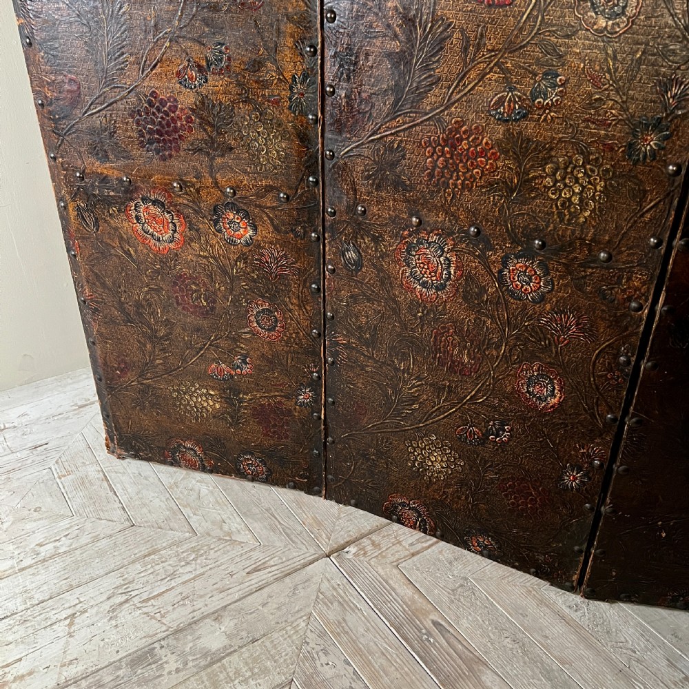 Antique Painted & Embossed Leather Four-Leaf Dressing Screen Circa 1910 View III