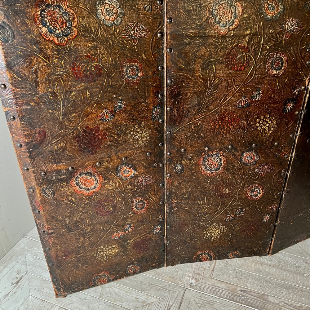 Antique Painted & Embossed Leather Four-Leaf Dressing Screen Circa 1910 View IV