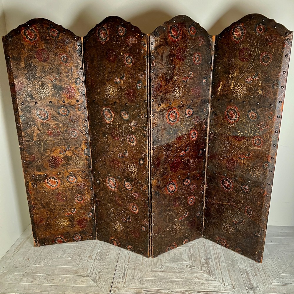 Antique Painted & Embossed Leather Four-Leaf Dressing Screen Circa 1910 View VI