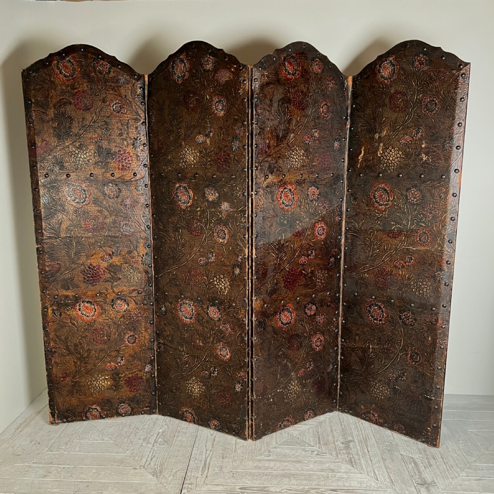Antique Painted & Embossed Leather Four-Leaf Dressing Screen Circa 1910 View VII