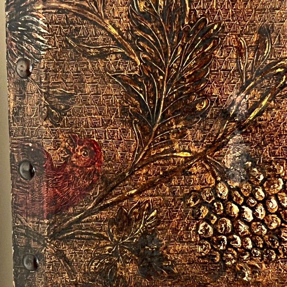Antique Painted & Embossed Leather Four-Leaf Dressing Screen Circa 1910 View IX