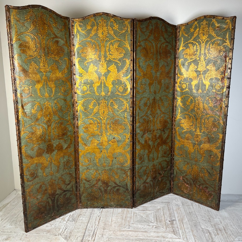 Antique Painted Embossed Leather Four-Fold Dressing Screen or Room Divider