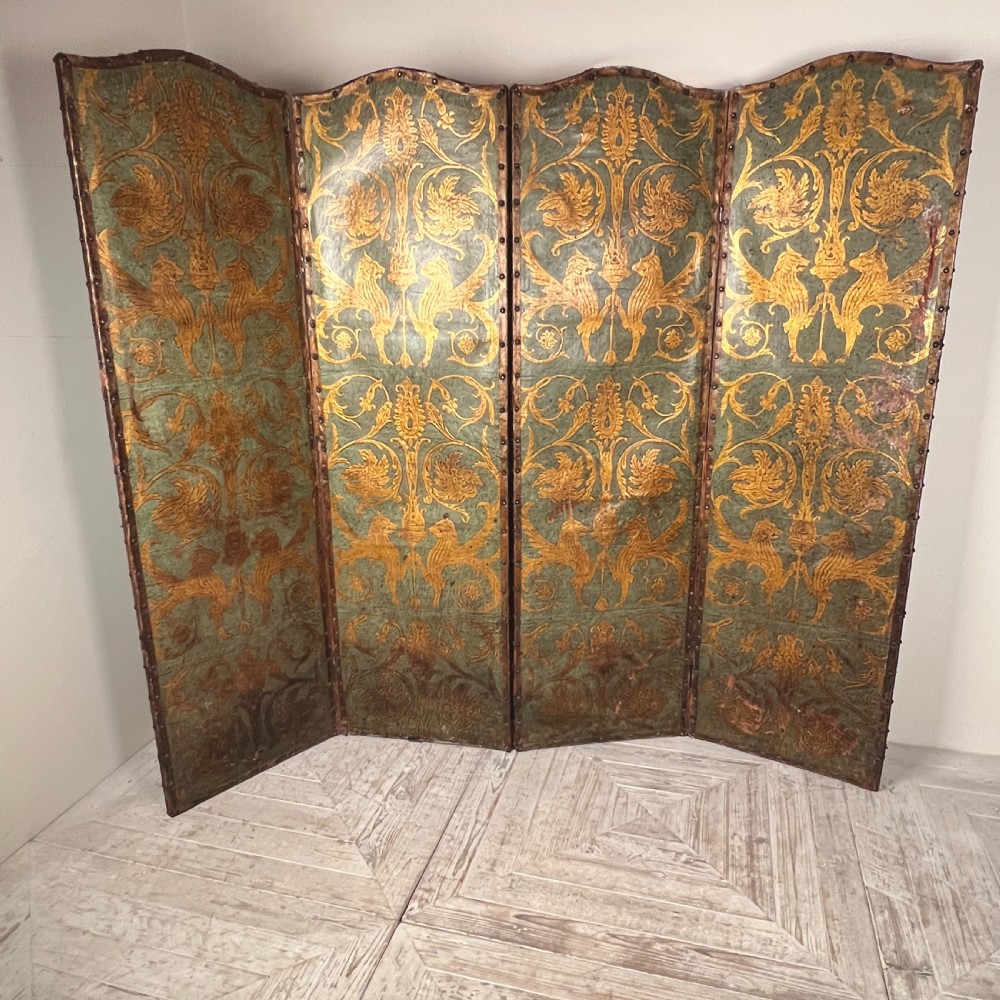 Antique Painted Embossed Leather Four-Fold Dressing Screen or Room Divider View II