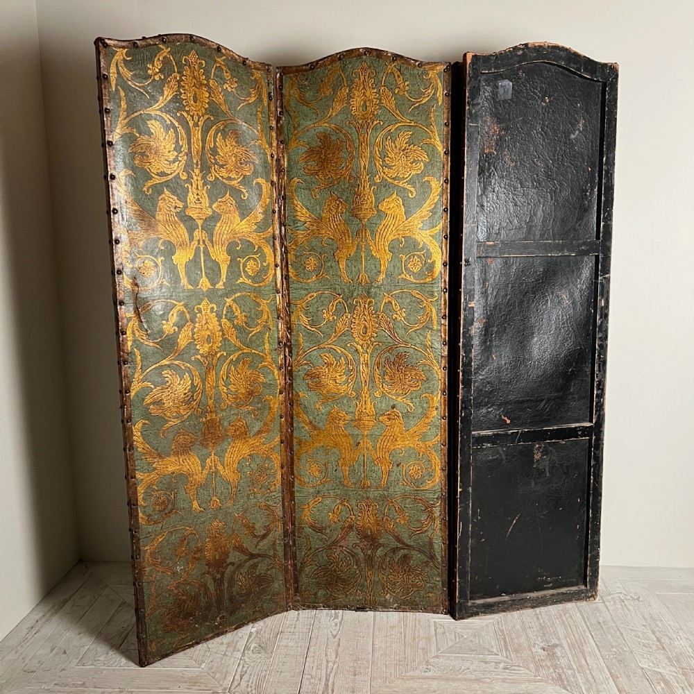 Antique Painted Embossed Leather Four-Fold Dressing Screen or Room Divider View IV