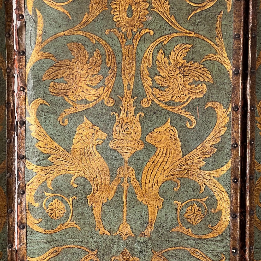 Antique Painted Embossed Leather Four-Fold Dressing Screen or Room Divider View V