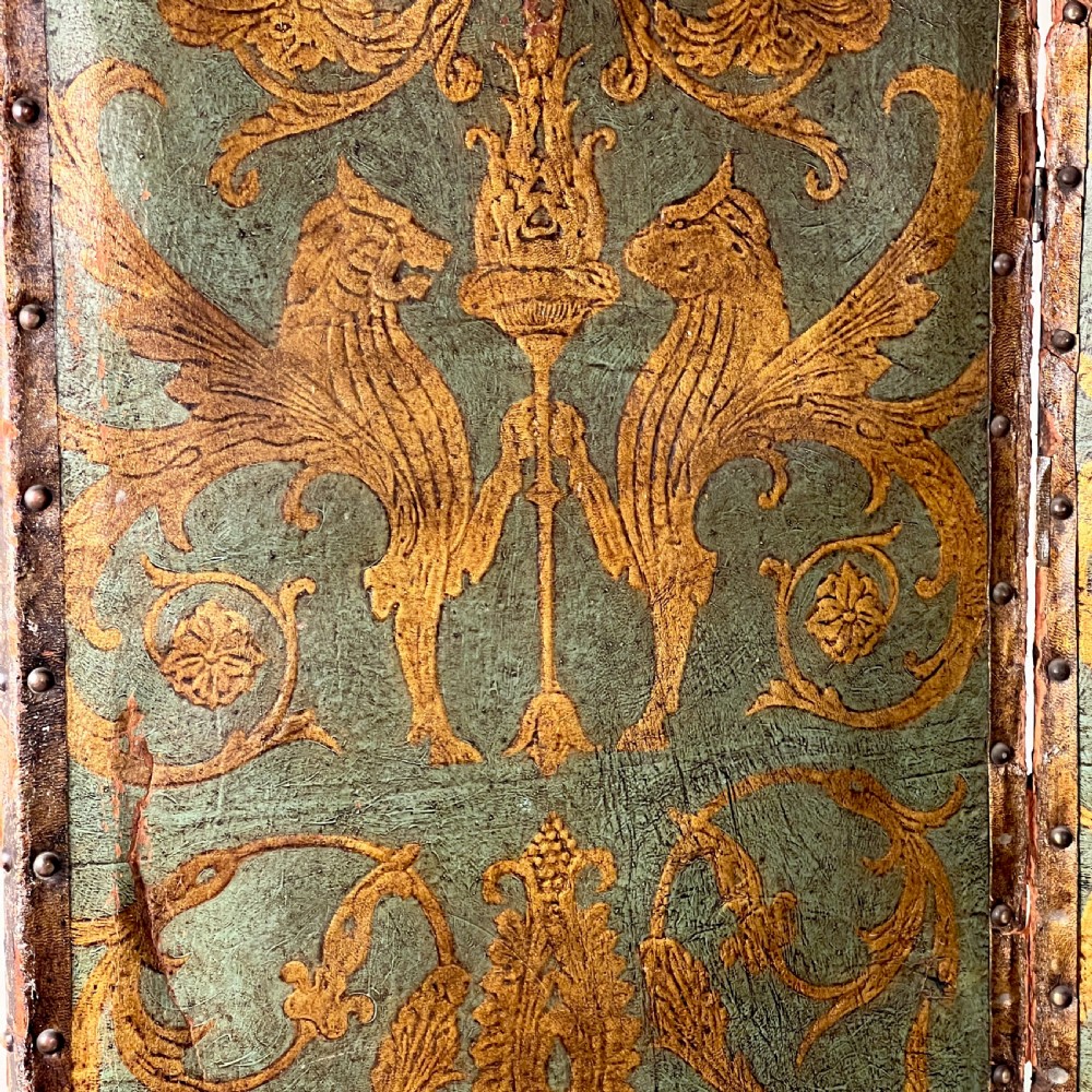 Antique Painted Embossed Leather Four-Fold Dressing Screen or Room Divider View VI