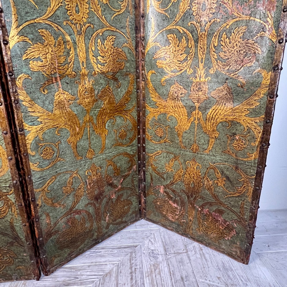 Antique Painted Embossed Leather Four-Fold Dressing Screen or Room Divider View VII