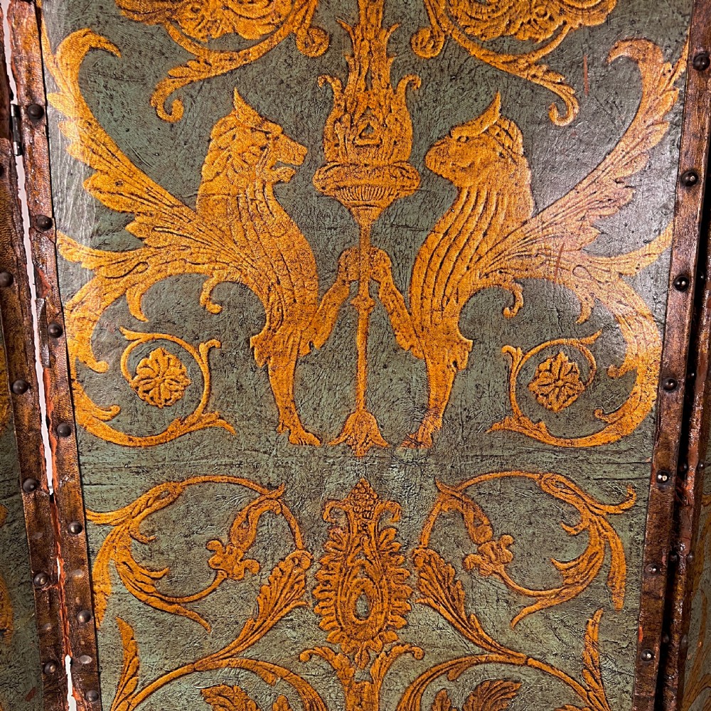 Antique Painted Embossed Leather Four-Fold Dressing Screen or Room Divider View VIII