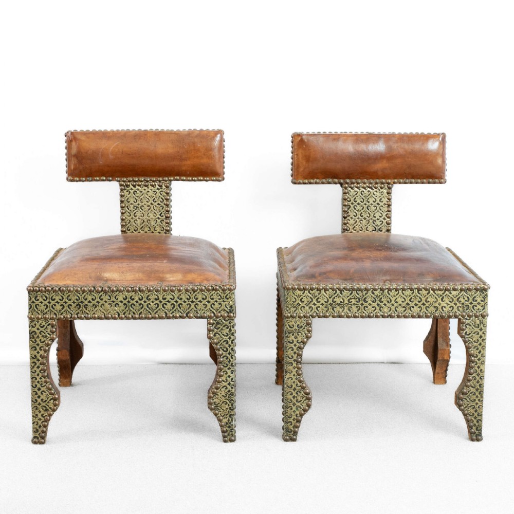 Pair Of Moroccan Berber Leather And Repoussé Chairs