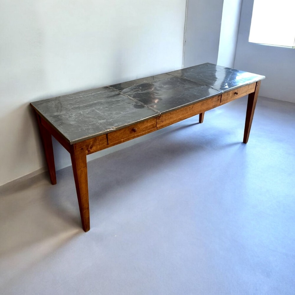 French Zinc Topped Kitchen Or Dining Table With Two Drawers