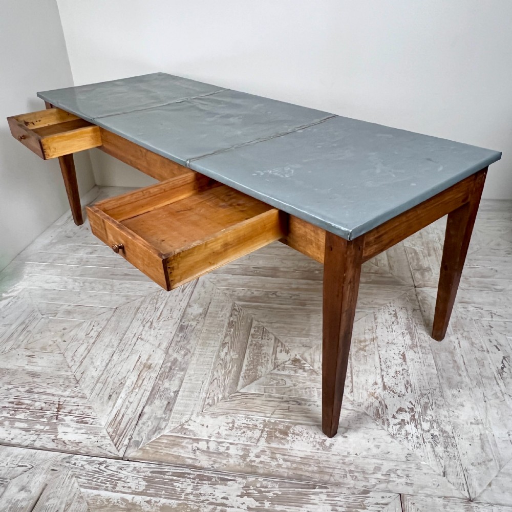 French Zinc Topped Kitchen Or Dining Table With Two Drawers View V