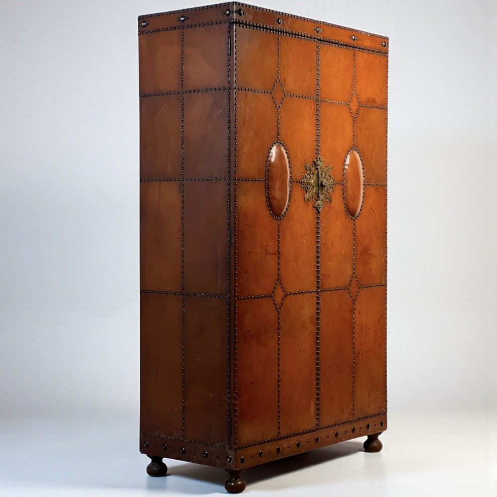 1920S–30S Spanish Leather Wardrobe With Studwork And Brass Lock