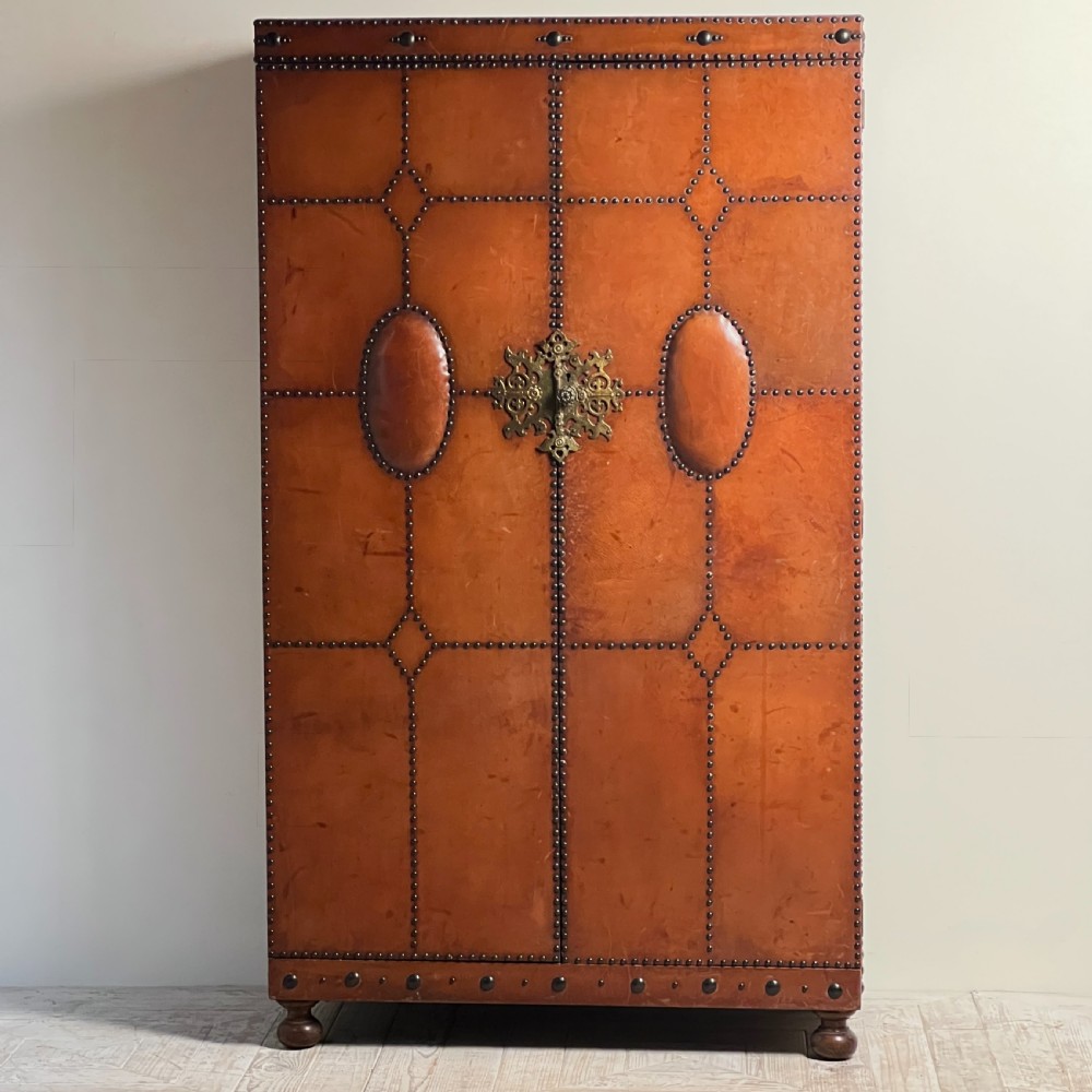 1920S–30S Spanish Leather Wardrobe With Studwork And Brass Lock View V