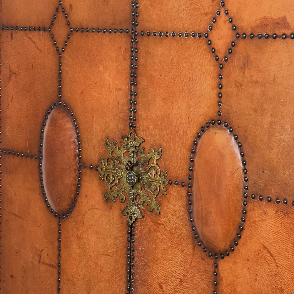 1920S–30S Spanish Leather Wardrobe With Studwork And Brass Lock View IX