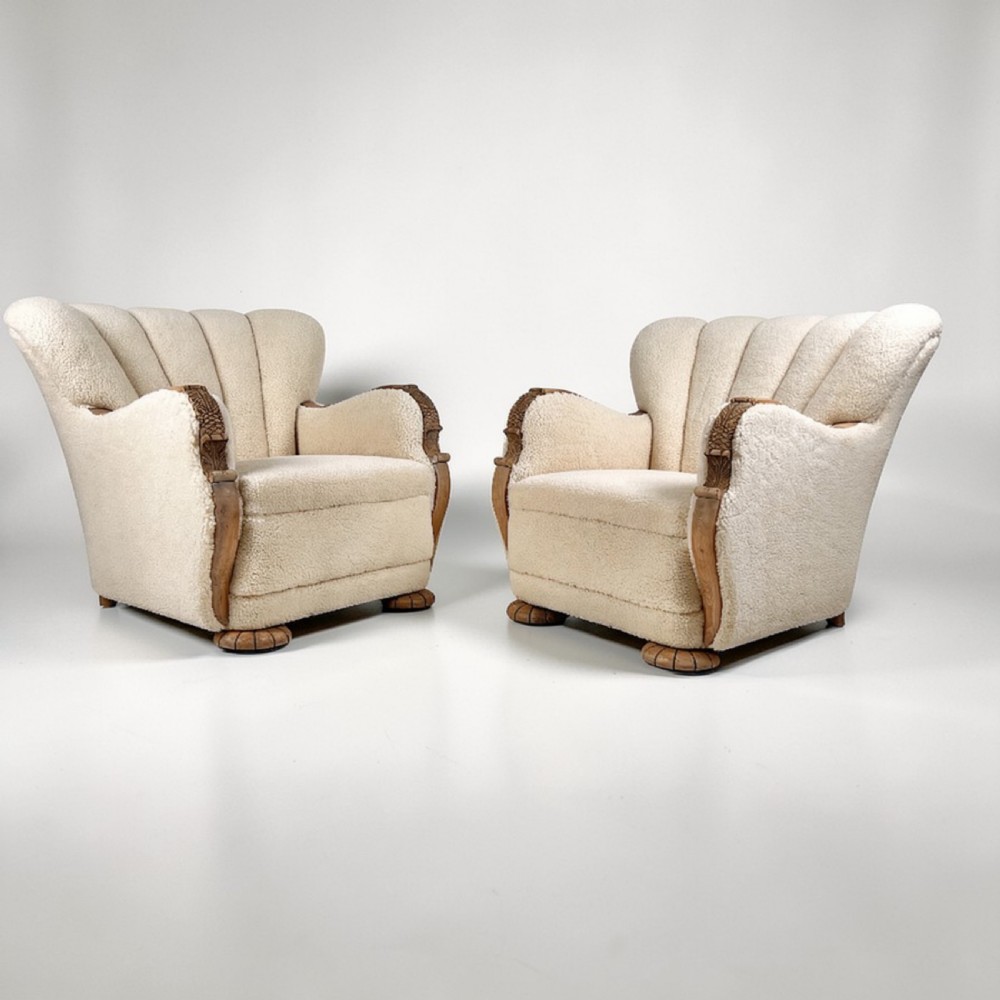 Pair Of Danish Art Deco Scallop Back Oak Armchairs, Upholstered In Italian Wool