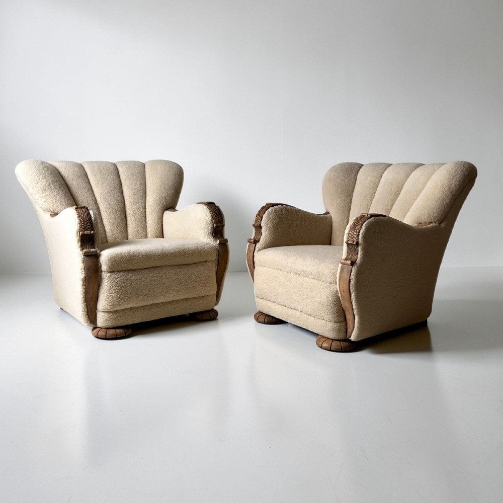 Pair Of Danish Art Deco Scallop Back Oak Armchairs, Upholstered In Italian Wool View II