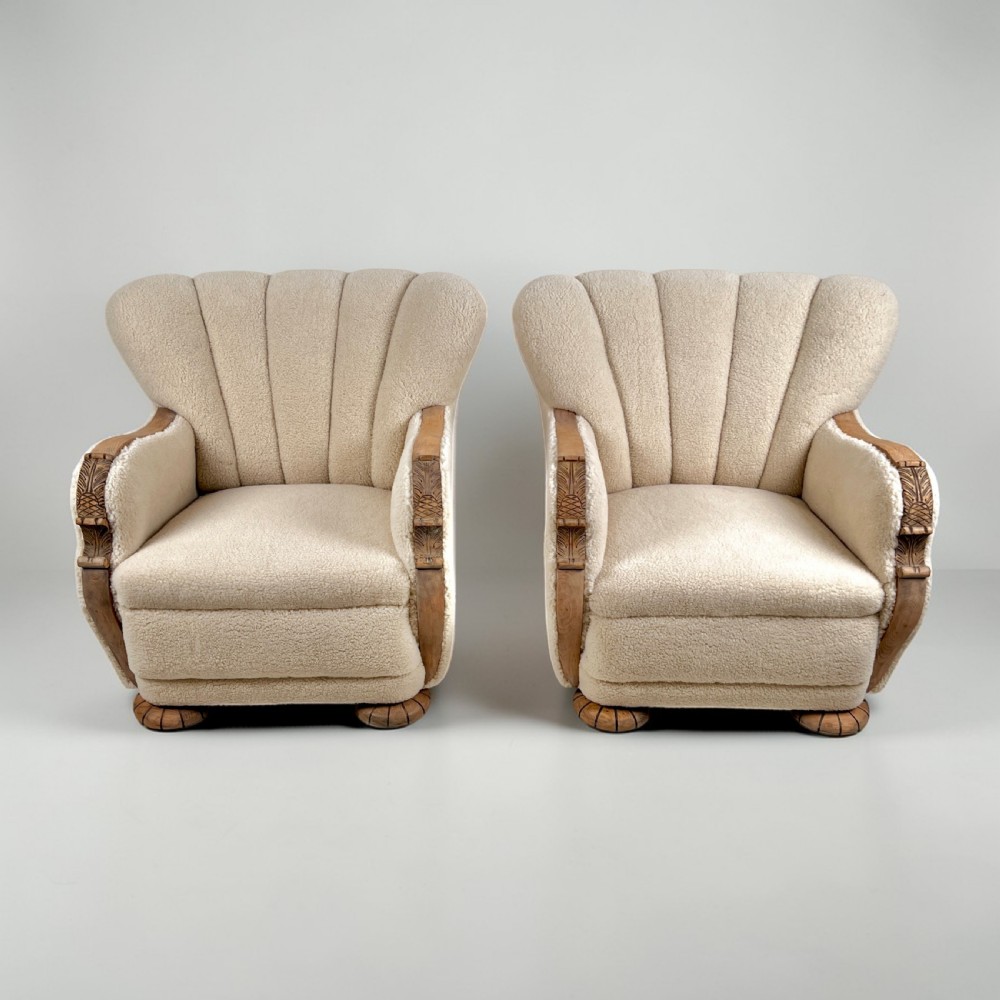Pair Of Danish Art Deco Scallop Back Oak Armchairs, Upholstered In Italian Wool View III
