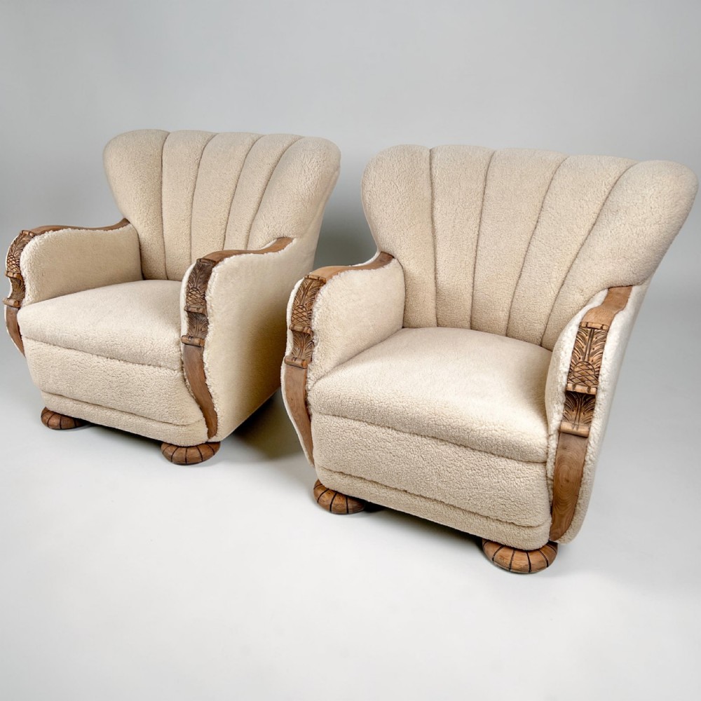 Pair Of Danish Art Deco Scallop Back Oak Armchairs, Upholstered In Italian Wool View IV