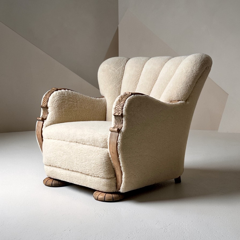 Pair Of Danish Art Deco Scallop Back Oak Armchairs, Upholstered In Italian Wool View V