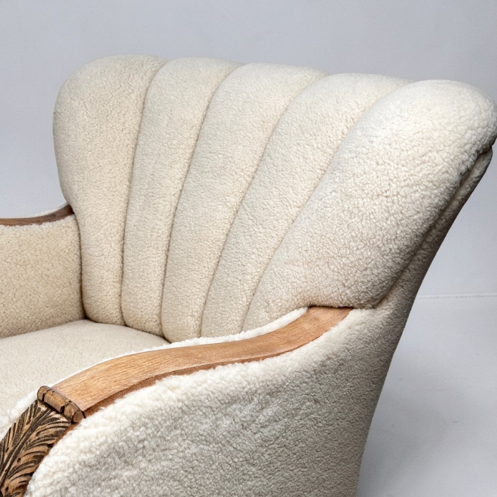 Pair Of Danish Art Deco Scallop Back Oak Armchairs, Upholstered In Italian Wool View VII