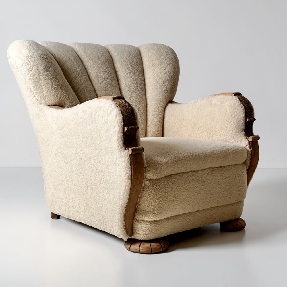 Pair Of Danish Art Deco Scallop Back Oak Armchairs, Upholstered In Italian Wool View IX