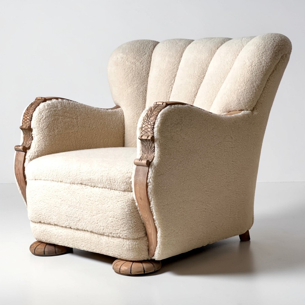 Pair Of Danish Art Deco Scallop Back Oak Armchairs, Upholstered In Italian Wool View X