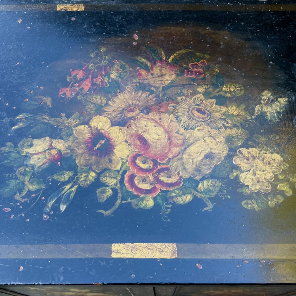 A Victorian ebonised black pine cabinet featuring two panelled doors decorated with hand-painted floral bouquets. View III